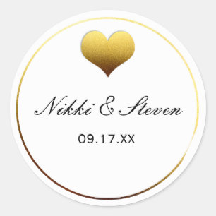 White & Gold Foil Heart Round Sticker Label Favour