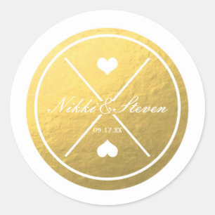 White & Gold Foil Heart Round Wedding Sticker