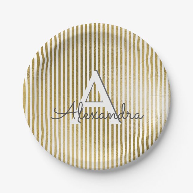 White & Gold Foil Striped Monogram Birthday Paper Plate (Front)