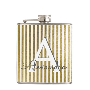 White & Gold Foil Striped Monogram & Initial Hip Flask