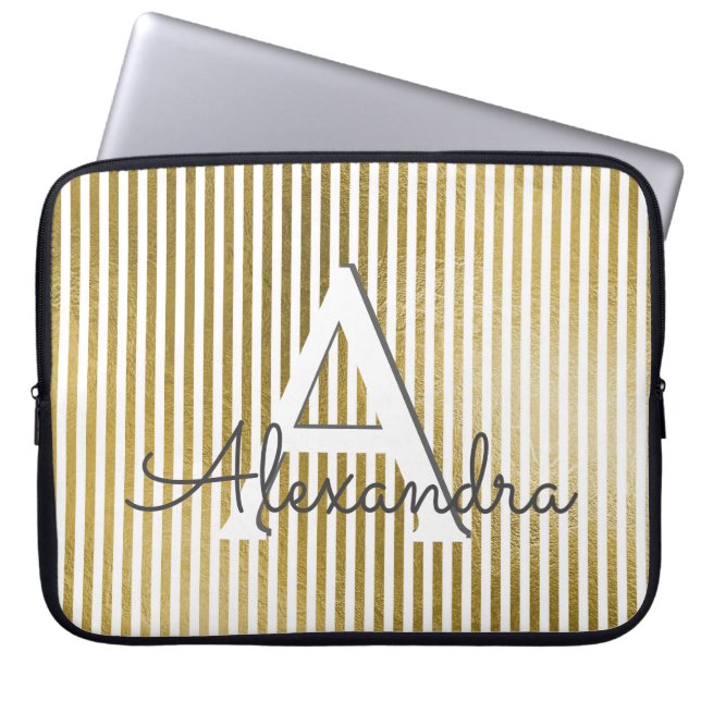White & Gold Foil Striped Monogram & Initial Laptop Sleeve (Front)