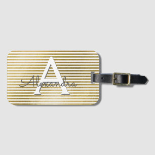 White & Gold Foil Striped Monogram & Initial Luggage Tag