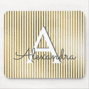 White & Gold Foil Striped Monogram & Initial Mouse Mat
