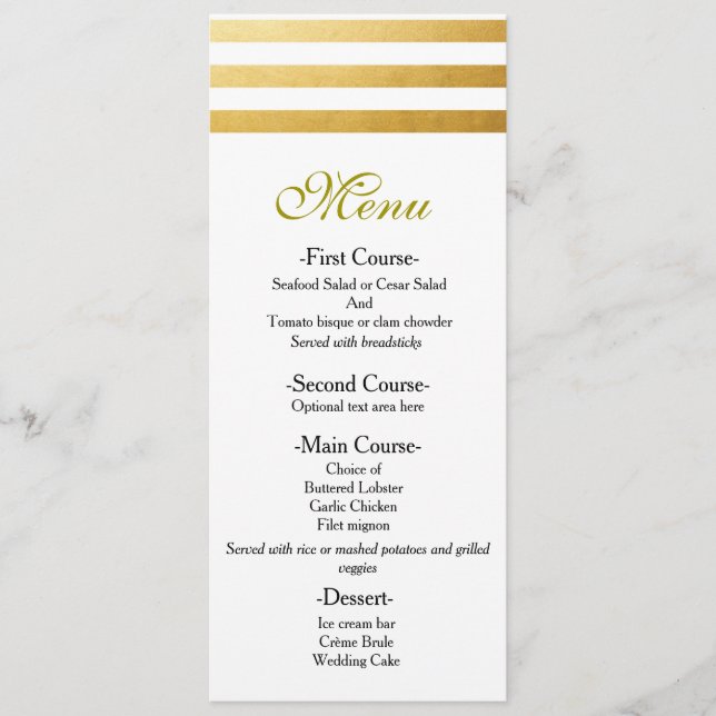 White & Gold Foil Stripes Elegant Wedding Menu (Front)