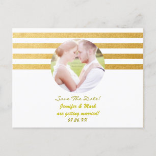 White & Gold Foil Stripes Save Date PHOTO Postcard