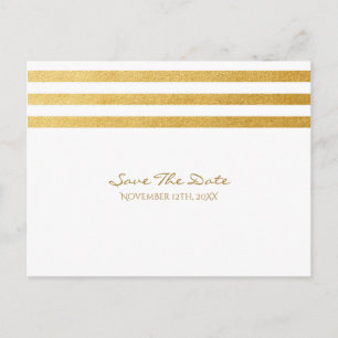 White & Gold Foil Stripes Save The Date Postcard