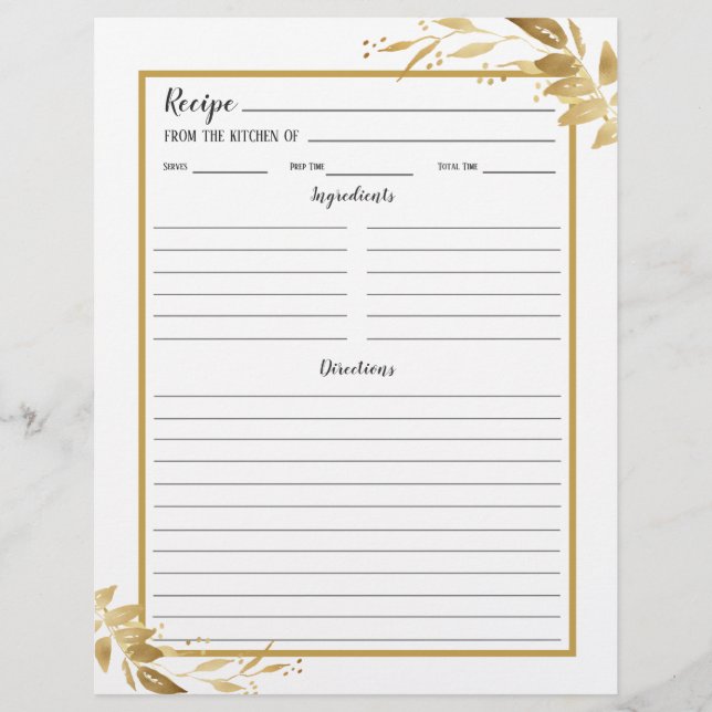 White Gold Foliage Botanical Recipe Binder Page (Front)