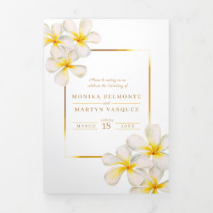 White gold Frangipani flowers wedding Tri-Fold Programme