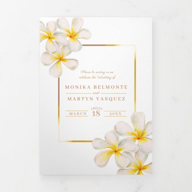 White gold Frangipani flowers wedding Tri-Fold Programme (Cover)