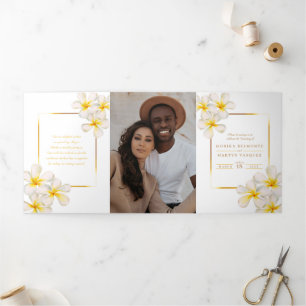 White gold Frangipani flowers wedding Tri-Fold Programme