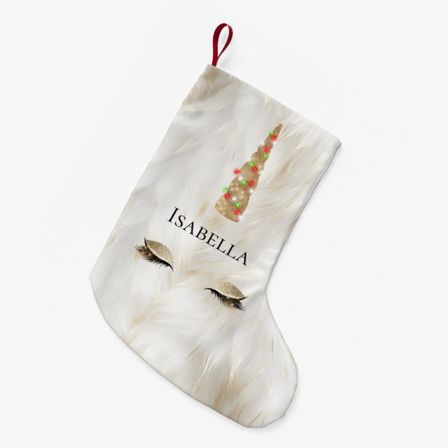 White Gold Fur Sparkle Glam Unicorn Lights Small Christmas Stocking (Front (Hanging))