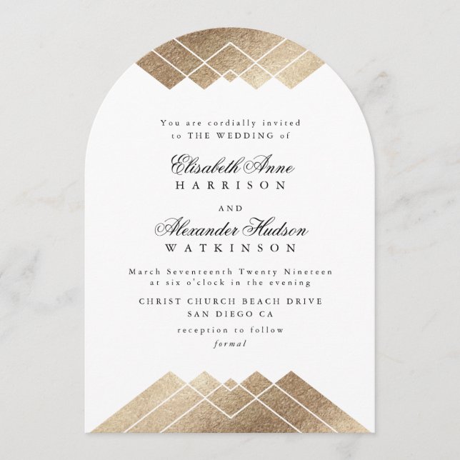 White Gold Gatsby Deco Calligraphy Arch Wedding Invitation (Front)