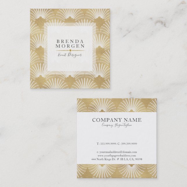 White & Gold Geometric Art-Deco Pattern 2 Square Business Card (Front/Back)