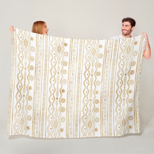 White Gold Geometric Aztec Tribal  Fleece Blanket (In Situ)