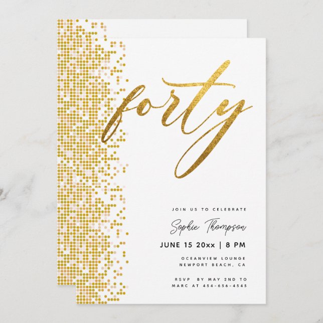 White Gold Geometric Glitter Elegant 40th Birthday Invitation (Front/Back)