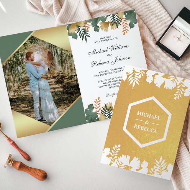 White Gold Geometric Tropical Photo Wedding Foil Card (Creator Uploaded)