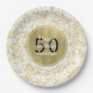 White Gold Glam Confetti 50th Birthday Paper Plate