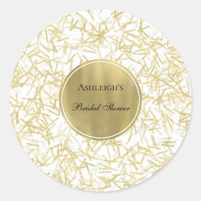 White Gold Glam Confetti Bridal Shower Classic Round Sticker (Front)