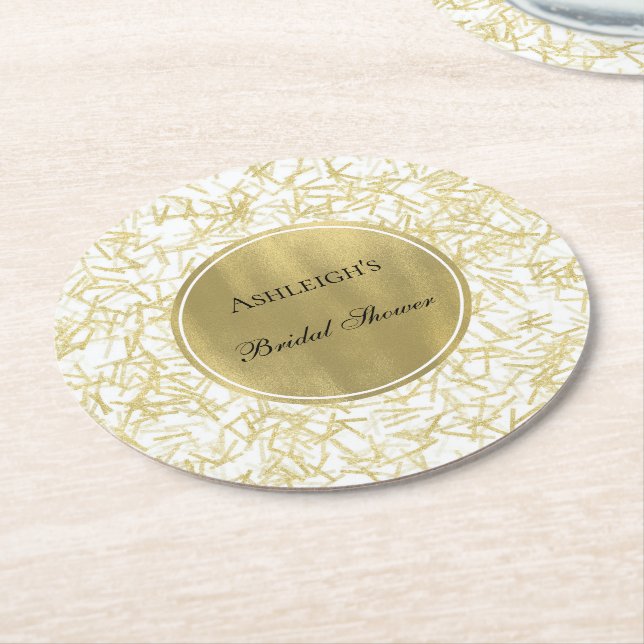 White Gold Glam Confetti Bridal Shower Round Paper Coaster (Angled)