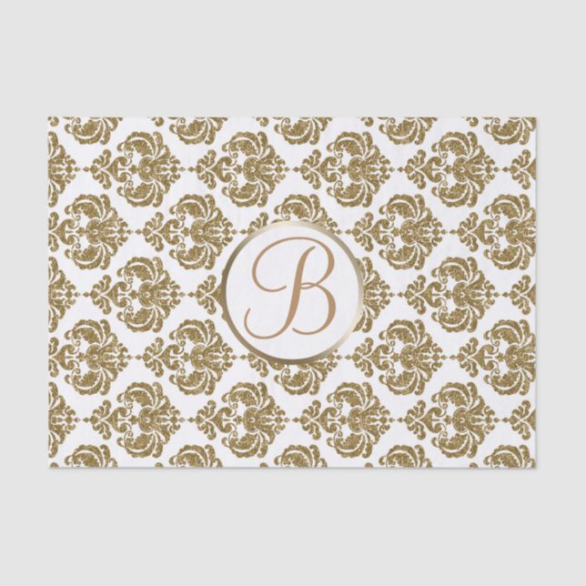White Gold Glam Damask Monogram Letter Initial Tissue Paper (Front)