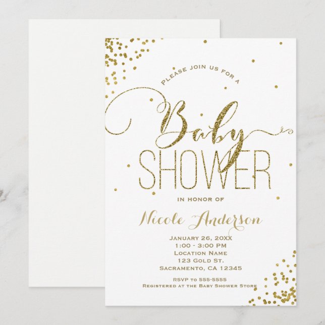 White & Gold Glam Glitter Corners BABY SHOWER Invitation (Front/Back)