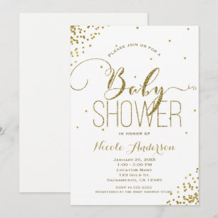 White & Gold Glam Glitter Corners BABY SHOWER Invitation
