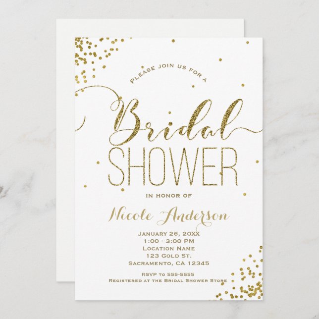 White & Gold Glam Glitter Corners BRIDAL SHOWER Invitation (Front/Back)