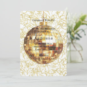 White Gold Glam Glitzy Disco Ball Birthday Invitation
