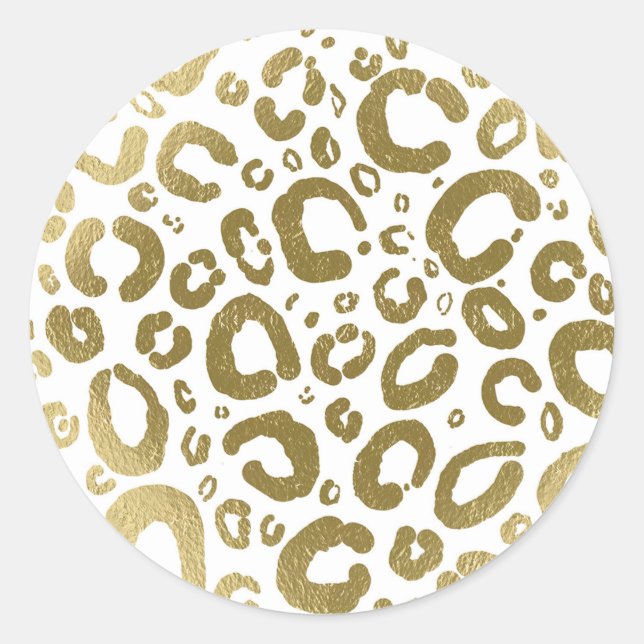 White & Gold Glam Leopard Print  Classic Round Sticker (Front)