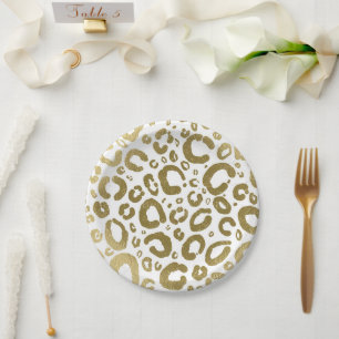 White & Gold Glam Leopard Print Party Paper Plate