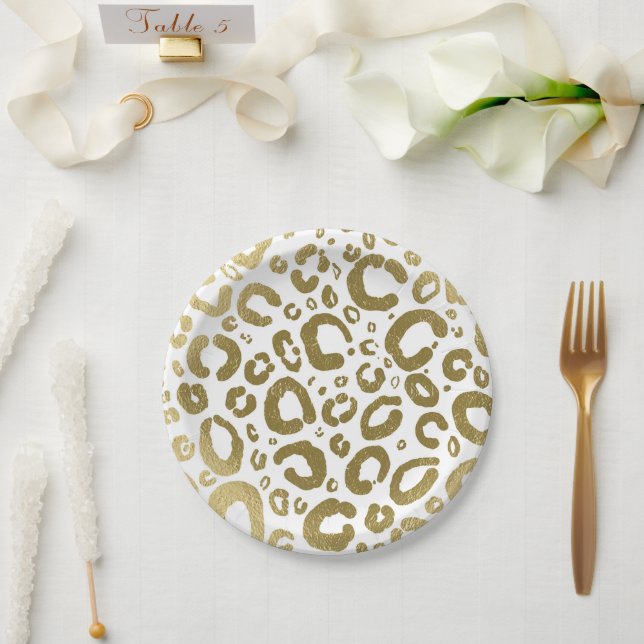 White & Gold Glam Leopard Print Party Paper Plate (Wedding)