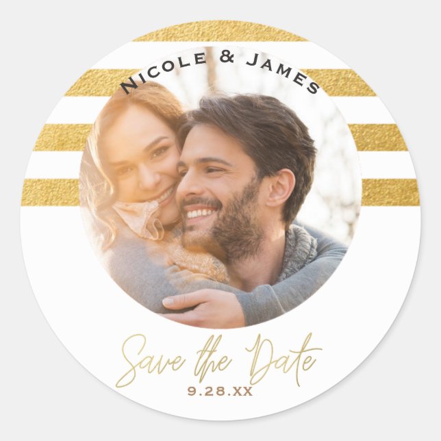 White Gold Glam Picture Photo Modern SAVE THE DATE Classic Round Sticker (Front)