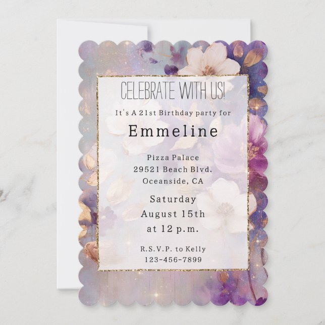 White Gold Glam Purple Floral Invitation (Front)