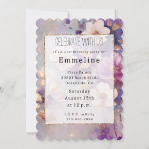White Gold Glam Purple Floral Invitation