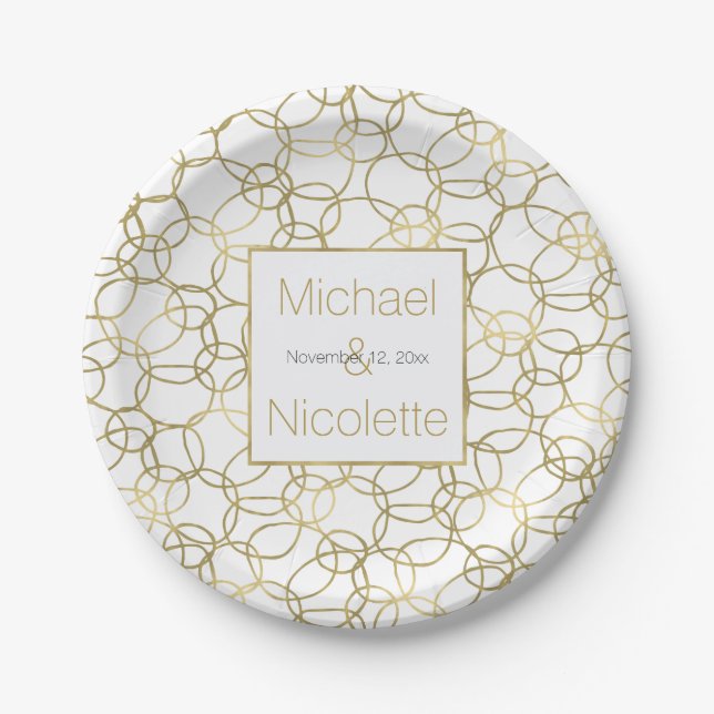 White Gold Glam Stylish Circles Wedding Paper Plate (Front)