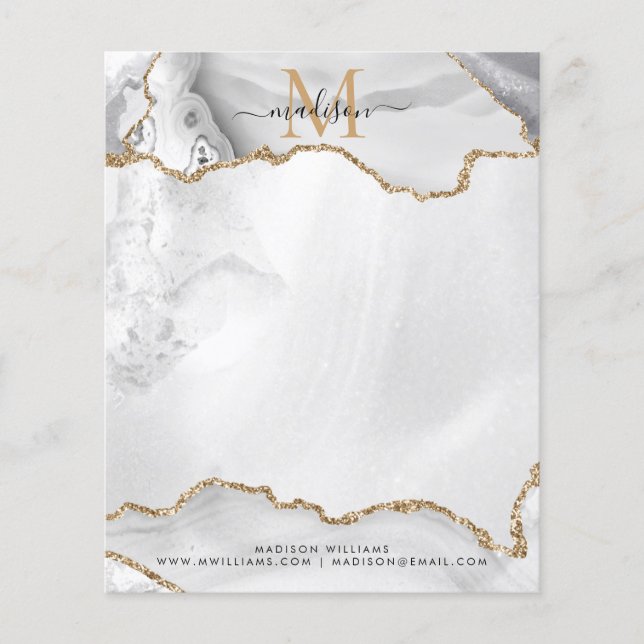 White Gold Glitter Agate Girly Monogram Stationery (Front)