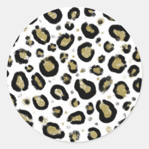 White Gold Glitter & Black Leopard Cheetah Print Classic Round Sticker