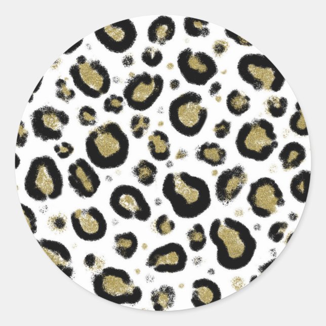 White Gold Glitter & Black Leopard Cheetah Print Classic Round Sticker (Front)