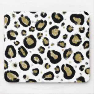 White Gold Glitter & Black Leopard Cheetah Print Mouse Mat