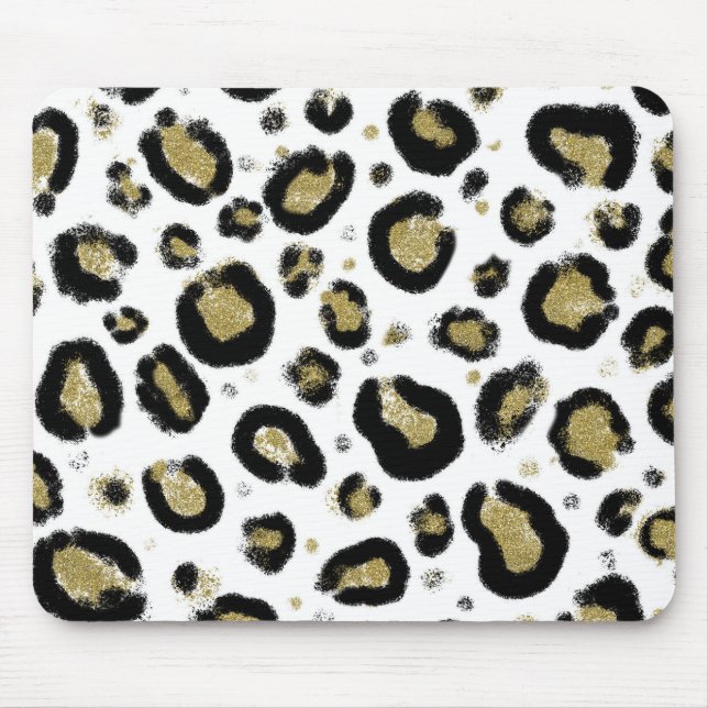 White Gold Glitter & Black Leopard Cheetah Print Mouse Mat (Front)