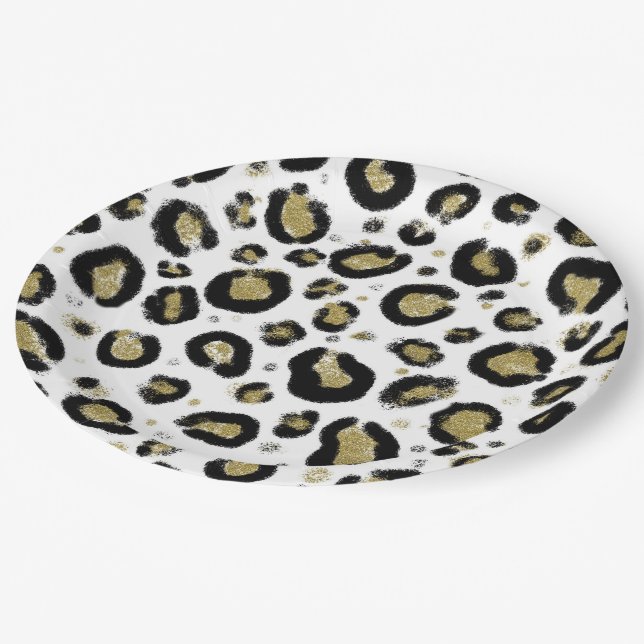 White Gold Glitter & Black Leopard Cheetah Print Paper Plate (Angled)