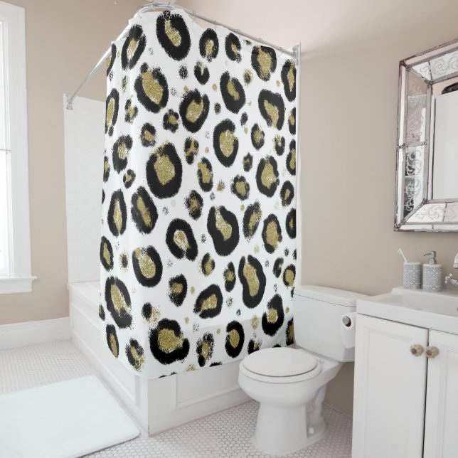 White Gold Glitter & Black Leopard Cheetah Print Shower Curtain (In Situ)