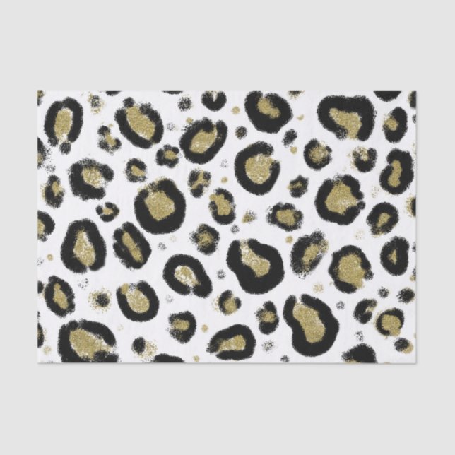 White Gold Glitter & Black Leopard Cheetah Print Tissue Paper (Front)