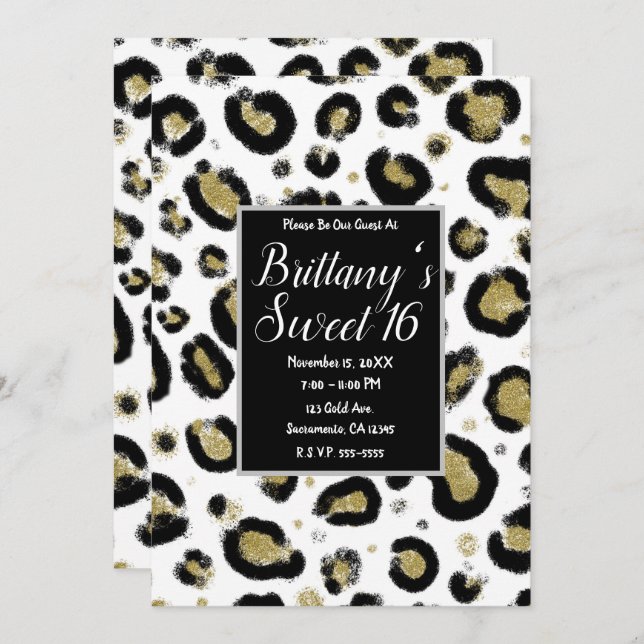 White Gold Glitter & Black Leopard Sweet 16 Party Invitation (Front/Back)