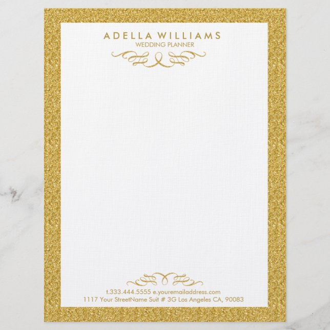 White & Gold Glitter Calligraphic Swirls Frame Personalized Letterhead (Front)