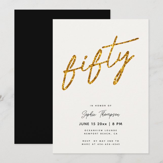 White Gold Glitter Calligraphy Elegant 50 Birthday Invitation (Front/Back)