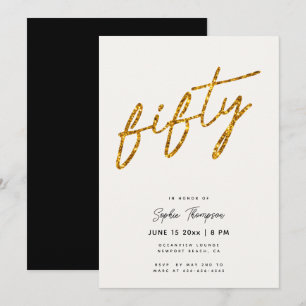 White Gold Glitter Calligraphy Elegant 50 Birthday Invitation