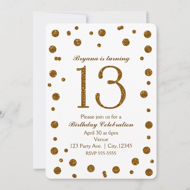 White & Gold Glitter Dots Sweet 13 Birthday Party Invitation (Front)