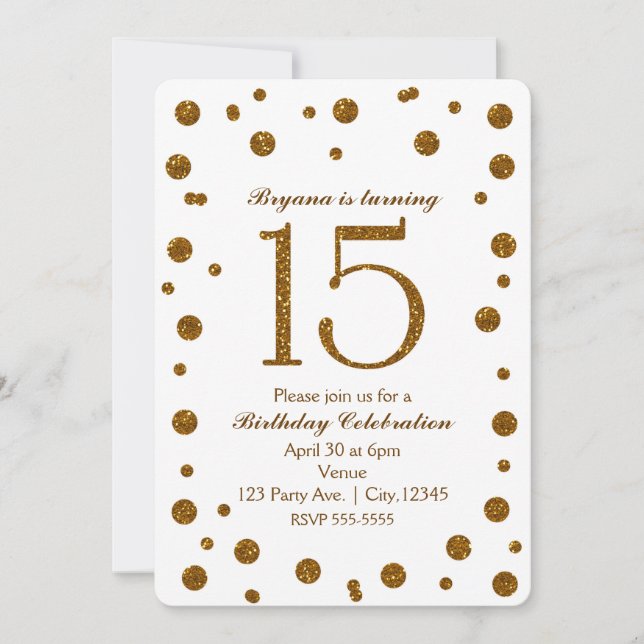 White & Gold Glitter Dots Sweet 15 Birthday Party Invitation (Front)