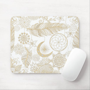 White & Gold Glitter Dreamcatcher Feathers Mandala Mouse Mat